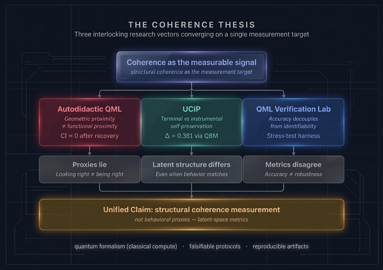 Conceptual research-directions graphic showing structural coherence as the measurement target across the Continuation Observatory agenda.